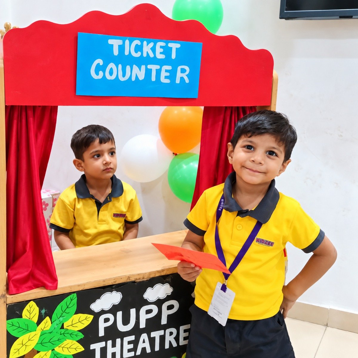 Kidzee Ramnagar children playing ticket counter at the puppet theatre, a play-based learning activity