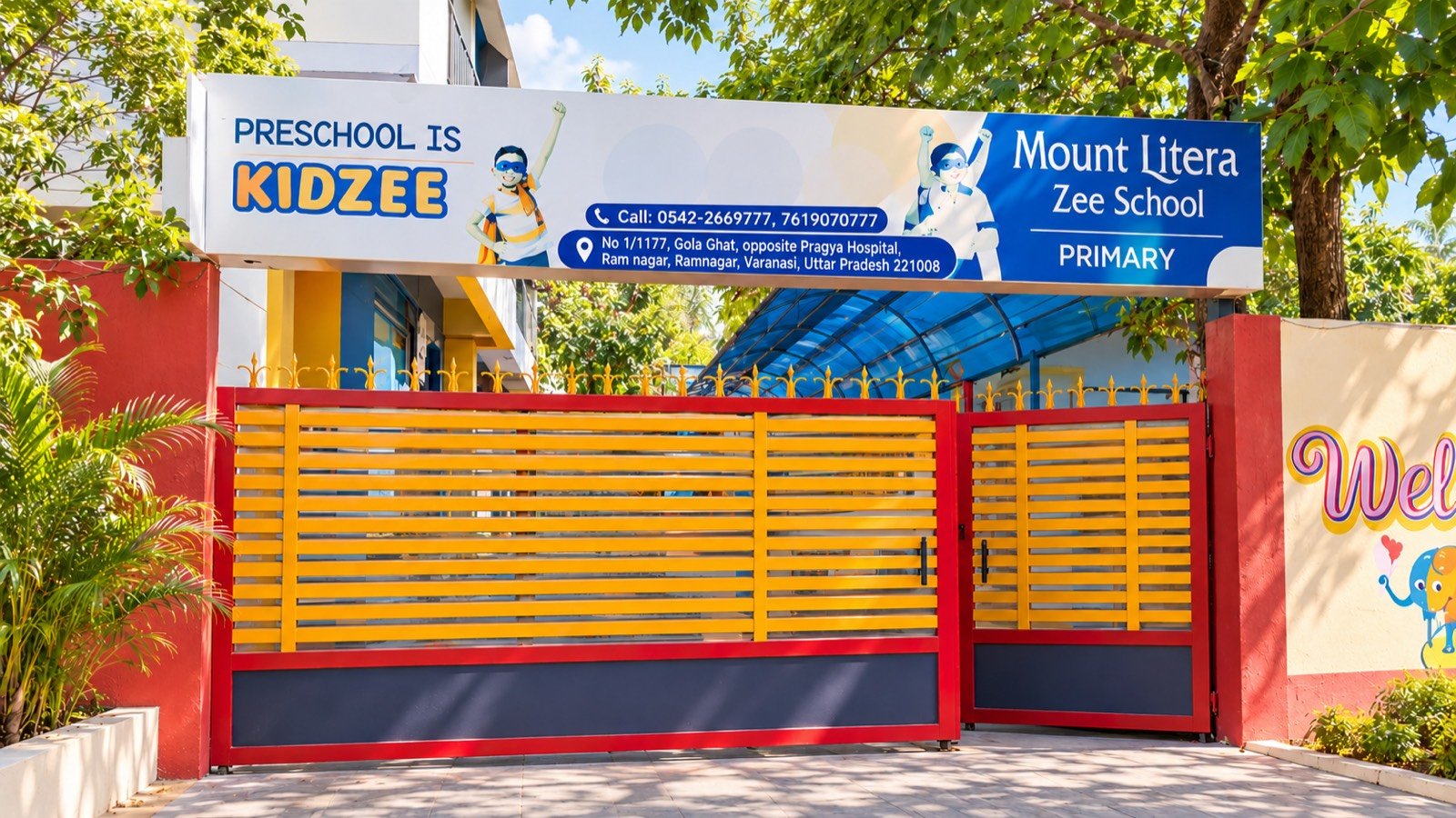 Front gate of Kidzee Ramnagar and Mount Litera Zee School Ramnagar, opposite Pragya Hospital, Varanasi