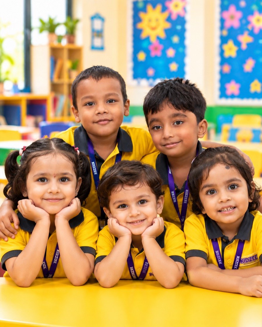 Junior KG children in Kidzee uniforms at a classroom table