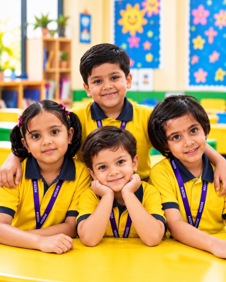 Senior KG children in Kidzee uniforms smiling together in class
